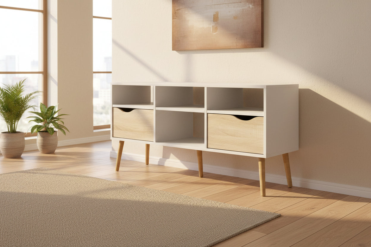 Meuble TV TVILUM — Blanc & Chêne, 4 Niches