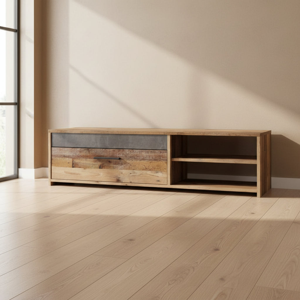 Meuble TV PACO — Bois Vieilli & Béton Gris