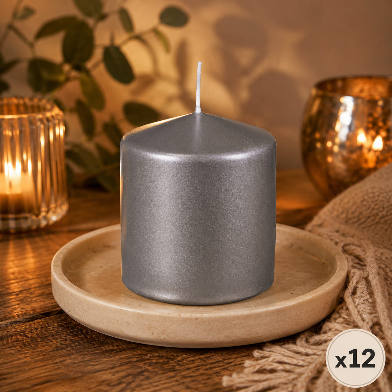 Bougie Cylindriques Argent - Lot de 12