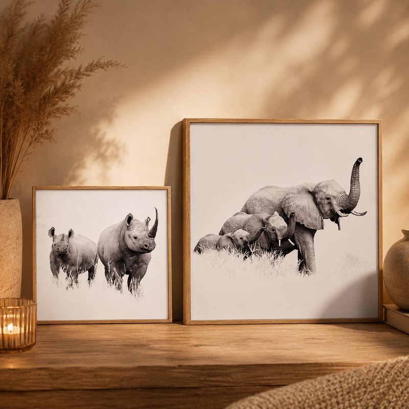 Duo de Cadres Animaliers — Rhinocéros & Éléphants