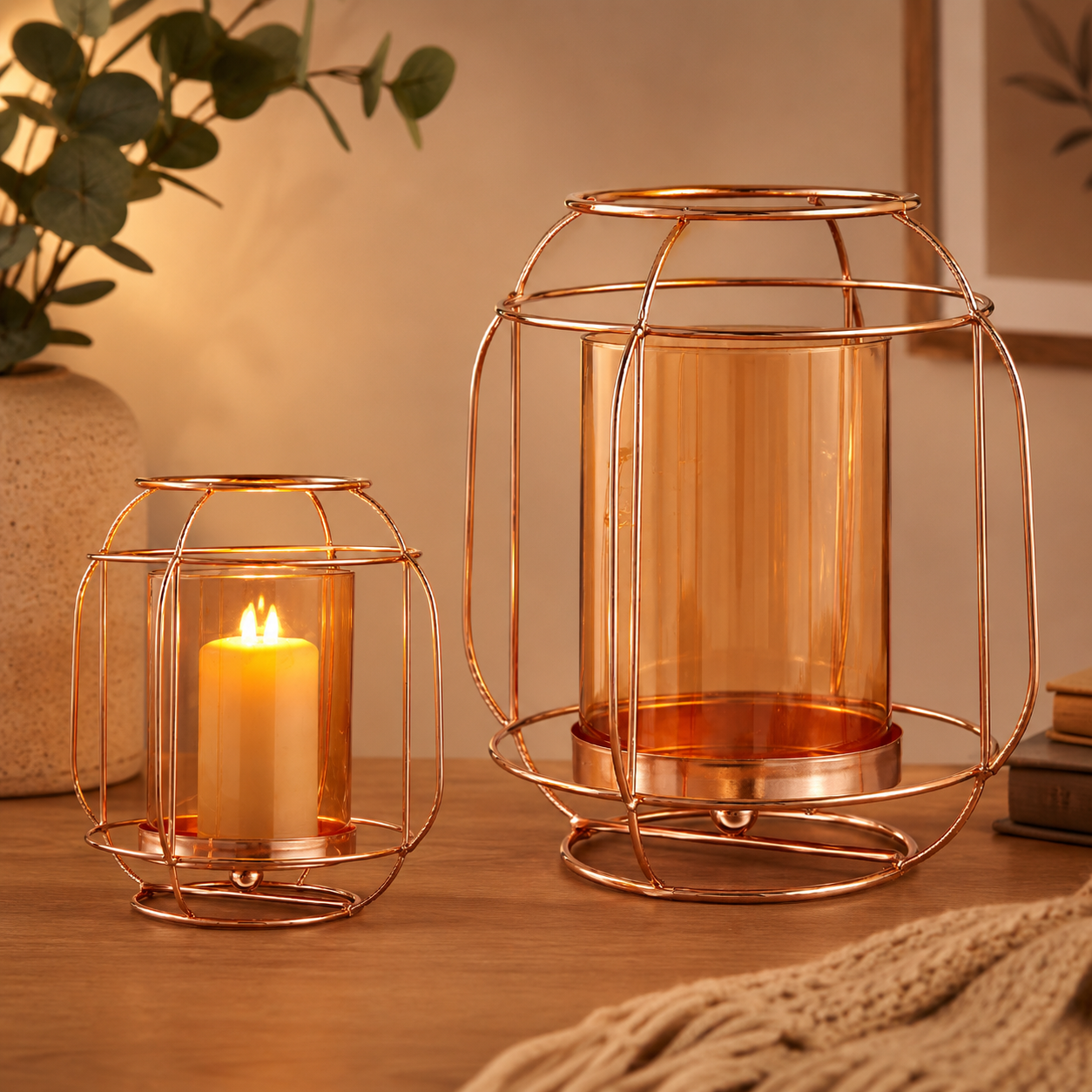 Photophore Cuivre & Ambre - Lanterne Métal & Verre x2
